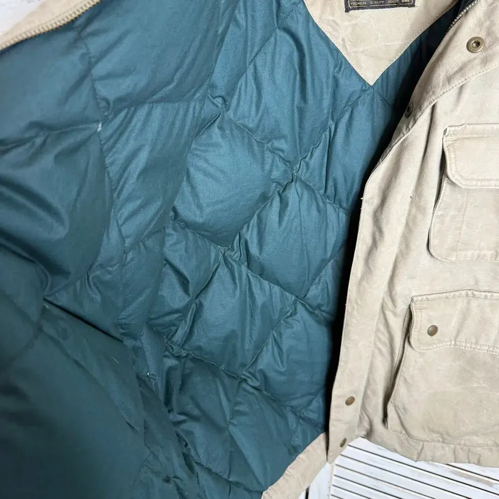 VTG EDDIE BAUER Men's L Quilted Canvas Goose Down Utility Vest Outdoor Tan